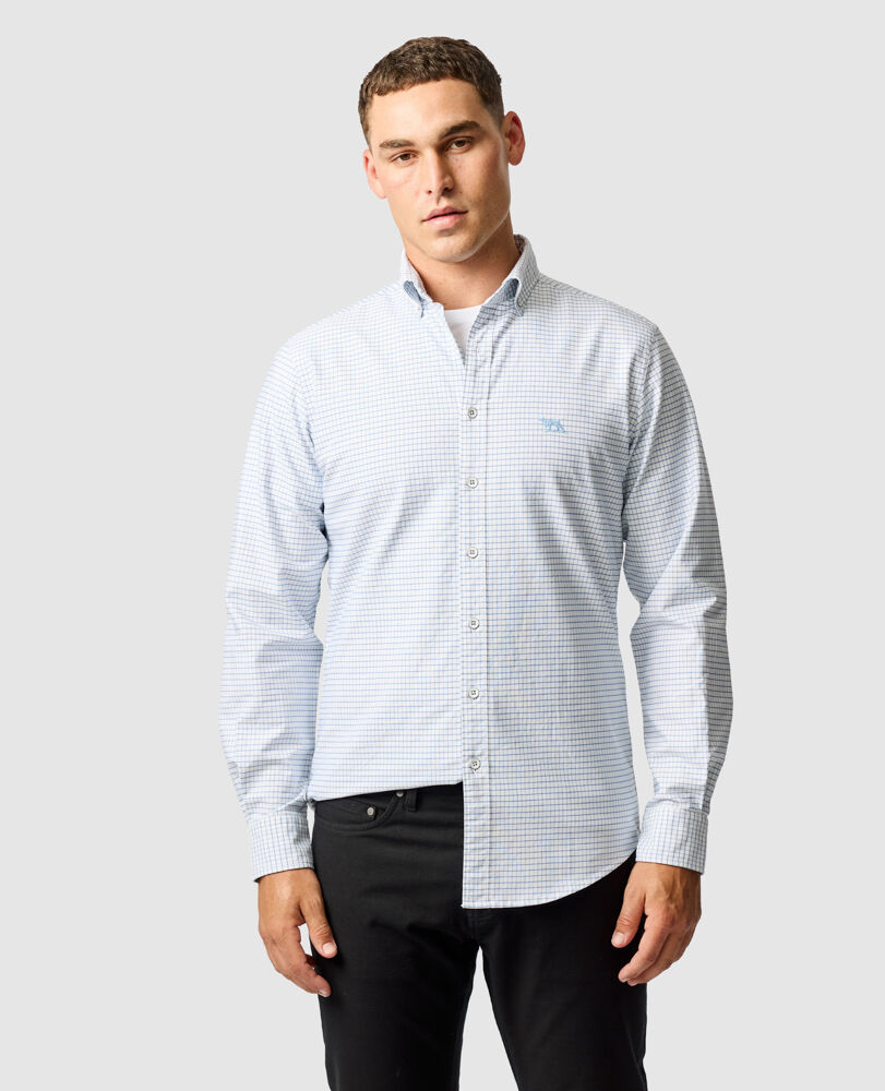 Chemise coupe sportive en coton oxford 5 à carreaux Gunn, DUSK BLUE, Front