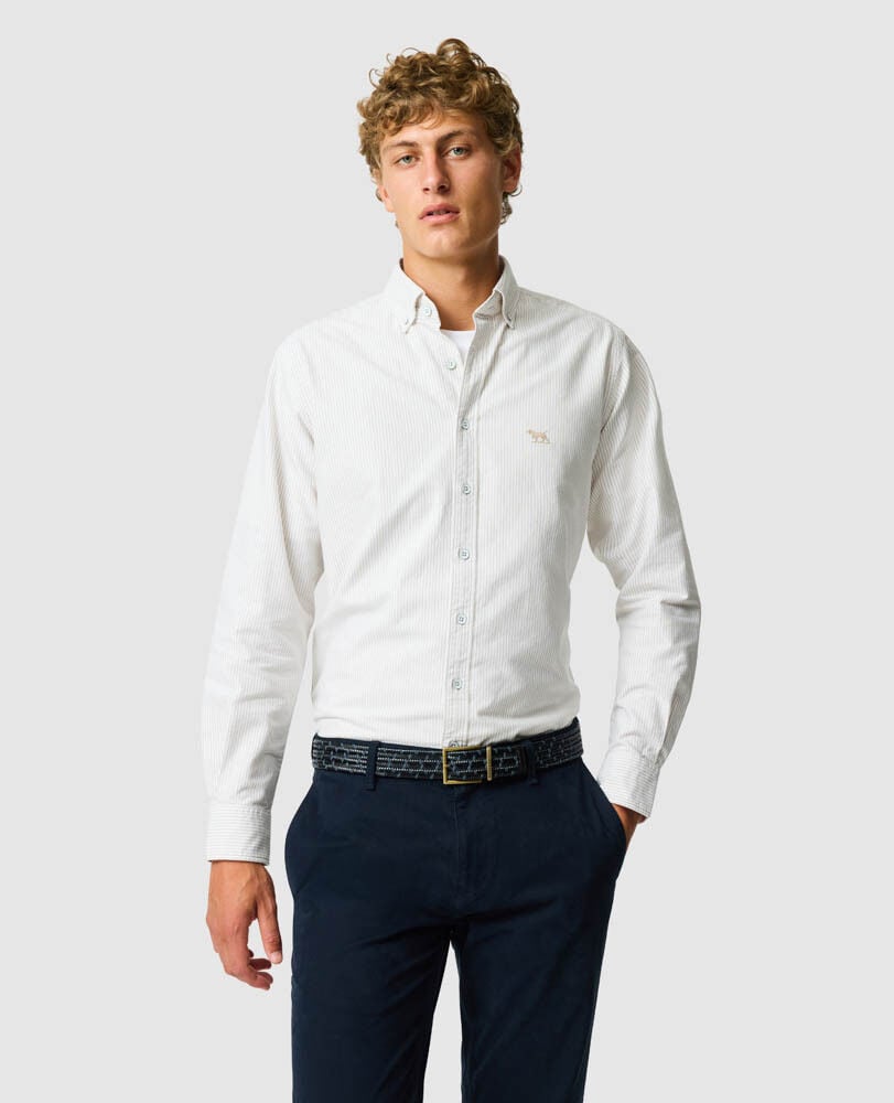 Gunn Oxford Stripe Sports Fit Shirt, NATURAL, Front