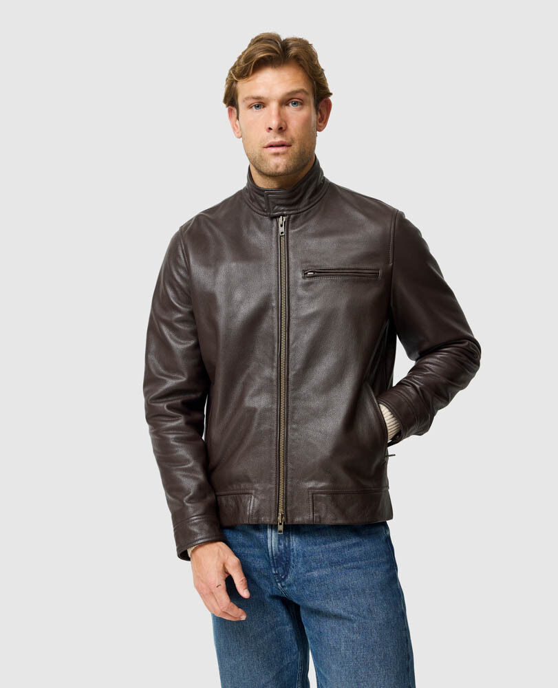Canvastown Leather Jacket, ESPRESSO, Front