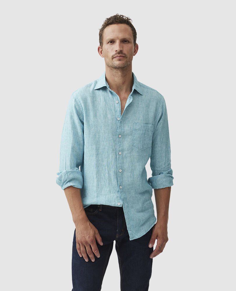 Chemise slim en lin Coromandel, BLEU SARCELLE DÉLAVÉ, Front