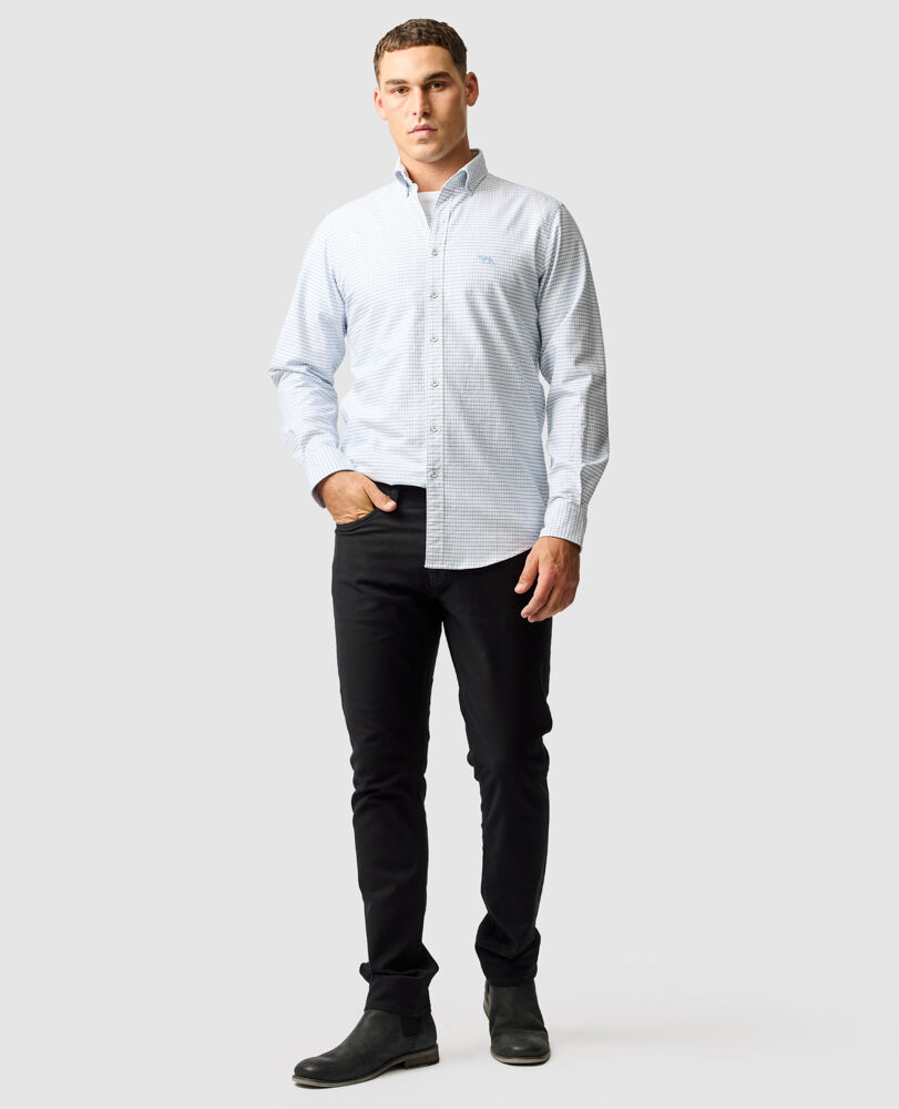 Chemise coupe sportive en coton oxford 5 à carreaux Gunn, DUSK BLUE, Off Front