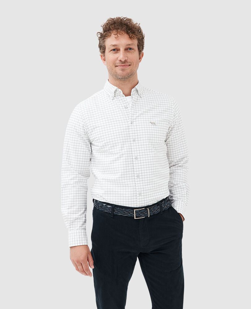 Chemise coupe sportive en coton oxford 3 à carreaux Gunn, SABLE, Front