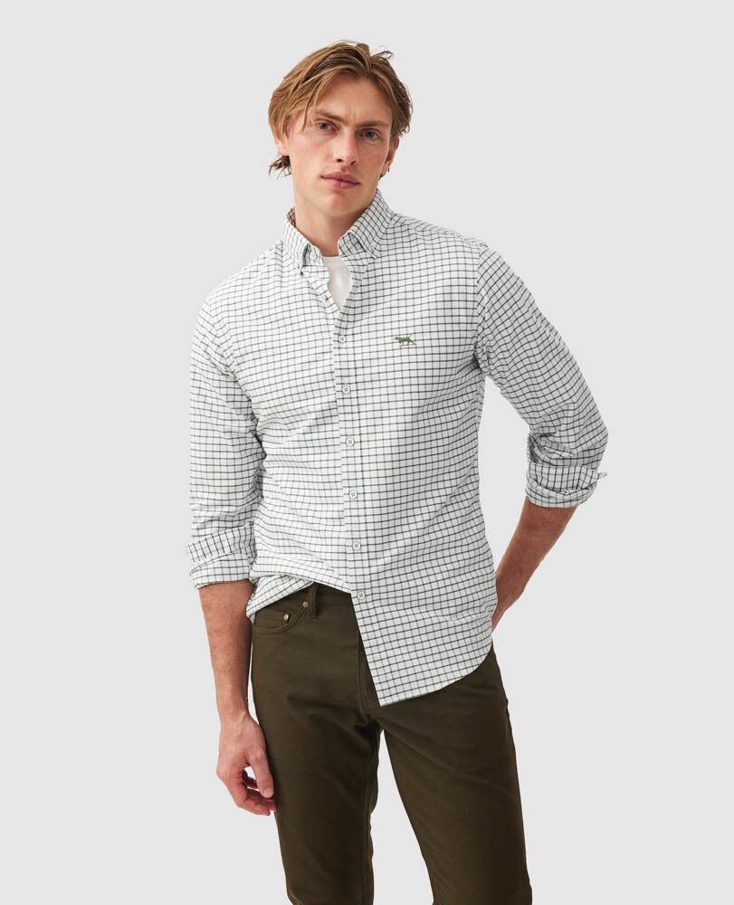 Chemise coupe sportive en coton oxford 3&nbsp;&agrave; carreaux Gunn, OLIVE, Front