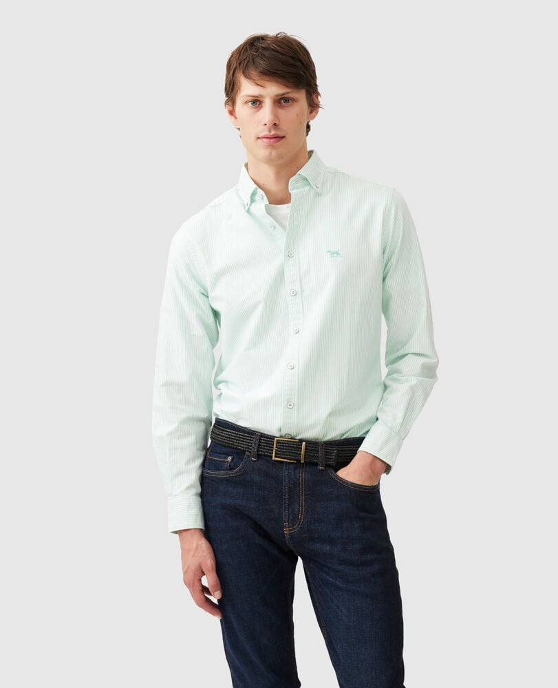 Chemise slim en coton oxford rayures Gunn, MENTHE VERTE, Front