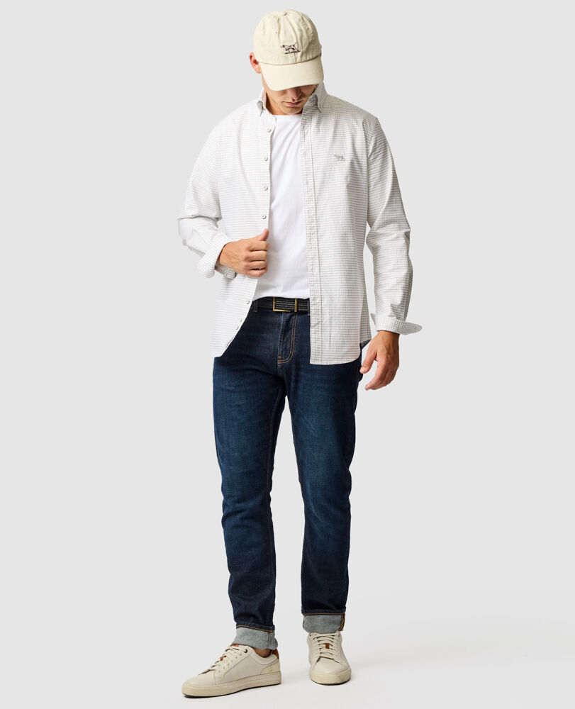 Chemise coupe sportive en coton oxford 5 à carreaux Gunn, GALET, Off Front