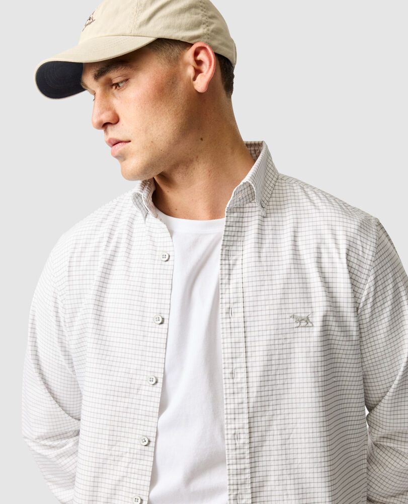 Chemise coupe sportive en coton oxford 5 à carreaux Gunn, GALET, Detail 3
